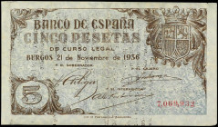 Spanish Banknotes
Estado Español
5 Pesetas. 21 Noviembre 1936. Restos de tinta en anverso tranferidos desde otro papel mecanografiado. (Leves repara...