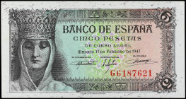 Spanish Banknotes
Estado Español
5 Pesetas. 13 Febrero 1943. Isabel La Católica. Serie G. Ed-446a. SC.