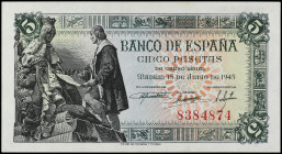 Spanish Banknotes
Estado Español
5 Pesetas. 15 Junio 1945. Capitulaciones Santa Fe. Sin serie. (Arruguita, levísima manchita en margen superior y le...