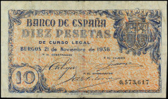 Spanish Banknotes
Estado Español
10 Pesetas. 21 Noviembre 1936. (Leves roturas y alguna leve reparación, manchita en reverso). Ed-418. BC+.