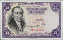 Spanish Banknotes
Estado Español
25 Pesetas. 19 Febrero 1946. Flórez Estrada. Serie C. (Arruguitas). Ed-450a. SC-.