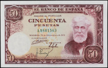 Spanish Banknotes
Estado Español
50 Pesetas. 31 Diciembre 1951. Rusiñol. Serie A. (Arruga y leve doblez en esquina). Ed-462a. SC-.