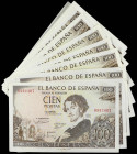 Spanish Banknotes
Estado Español
Lote 13 billetes 100 Pesetas. 19 Noviembre 1965. Becquer. Sin Serie (1), Series A, C, Y. Incluye 3 tríos correlativ...