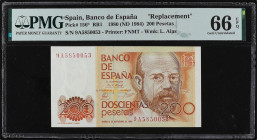 Spanish Banknotes
Estado Español
200 Pesetas. 16 Septiembre 1980. Clarín. Numeración especial 9A. Precintado y garantizado por PMG como 66 EPQ GEM U...
