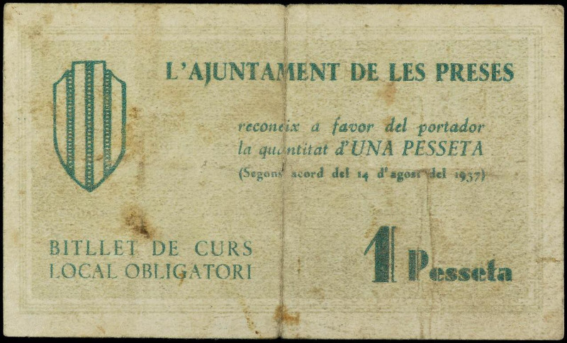 Paper Money of the Civil War
Catalonia
1 Pesseta. 14 d´ Agost 1937. Aj. de LES...