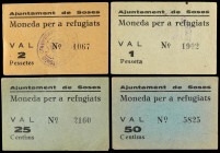 Paper Money of the Civil War
Catalonia
Lote 4 vales 25 y 50 Cèntims y 1 y 2 Pessetes. Aj. de SOSES. MONEDA PER A REFUGIATS. RAROS. AT-2405/07. MBC+....