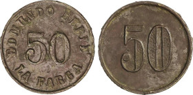 Paper Money of the Civil War
Catalonia
50 Cèntims. EDMUNDO BEBIÉ LA FARGA. Latón. (Oxidaciones). Pátina. T-1142. MBC+.