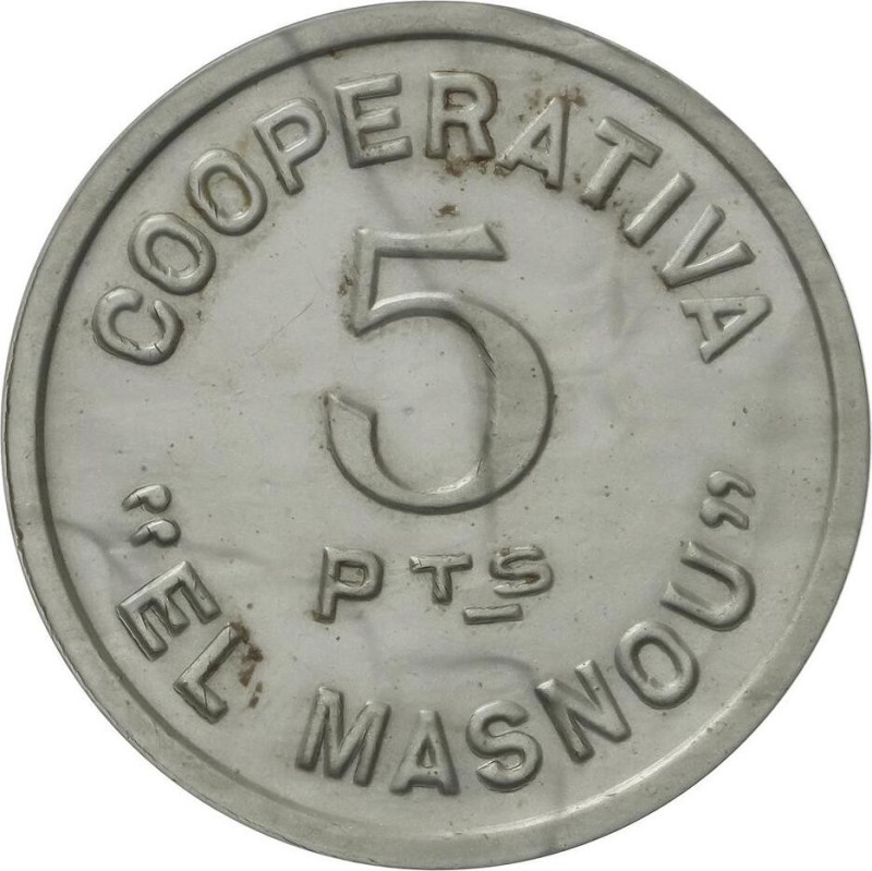 Company Stores and Propaganda Tokens
5 Pesetas. COOPERATIVA EL MASNOU. Baquelit...