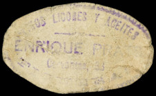 Company Stores and Propaganda Tokens
Valor 10. ENRIQUE PRAT. GRANOS, LICORES y ACEITES. FIGUERES. Cartón. Ø 52x31 mm. RARO. L-No cat. MBC-.