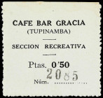Company Stores and Propaganda Tokens
0, 50 Pesetas. CAFÉ BAR GRACIA (TUPINAMBA). SECCIÓN RECREATIVA. L-No Cat. EBC.