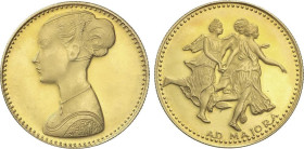 Spanish Medals
Medalla Ad Maiora. Anv.: Busto femenino a izquierda. Rev.: Tres gracias. 4,52 grs. AU 750. SC.