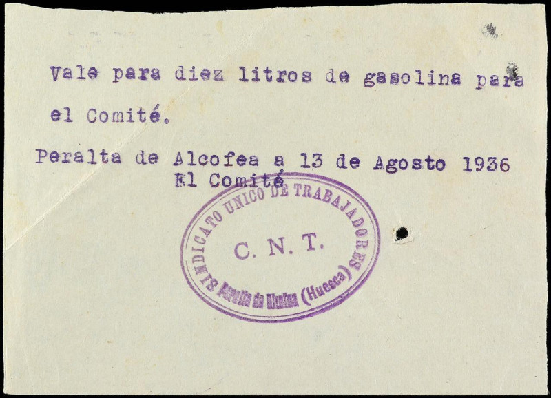 Documents and Miscellaneous
Vale 10 Litros de gasolina. Agosto 1936. SINDICATO ...