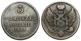 Polish Kingdom / Russia
POLSKA / POLAND / POLEN / RUSSIA / RUSSLAND / РОССИЯ

Polska XlX w. 3 grosze 1826 IB Z MIEDZI KRAIOWEY 

Odmiana z cyfrą ...