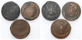 Russia 
RUSSIA / RUSSLAND / РОССИЯ

Russia. Catherine II. 5 Kopek (kopeck) 1768-1776 EM, Yekaterinburg, group 3 pieces 

Obiegowe sztuki.

Deta...