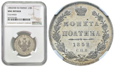 Russia 
RUSSIA / RUSSLAND / РОССИЯ

Rosja. Nicholas I. Połtina (1/2 rubla) 1852 СПБ-НI, Petersburg NGC UNC – BEAUTIFUL 
AW: Dwugłowy orzeł rosyjsk...