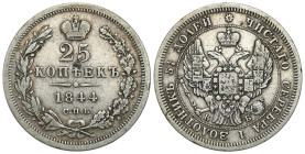 Russia 
RUSSIA / RUSSLAND / РОССИЯ

Rosja. Nicholas I. 25 Kopek (kopeck) 1844 СПБ-КБ – RZADSZE 

Wariant z orłem z lat 1845-1847Obiegowy egzempla...