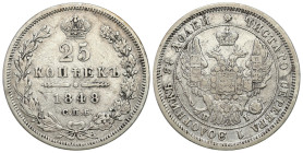 Russia 
RUSSIA / RUSSLAND / РОССИЯ

Rosja. Nicholas I. 25 Kopek (kopeck) 1848, Petersburg 
AW: Dwugłowy orzeł rosyjski. U dołu inicjały Н-I
RW: W...