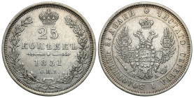 Russia 
RUSSIA / RUSSLAND / РОССИЯ

Rosja, Nicholas I. 25 Kopek (kopeck) 1851 СПБ-ПА, Petersburg 

Czyszczony egzemplarz.

Details: Ag 
Condit...