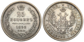 Russia 
RUSSIA / RUSSLAND / РОССИЯ

Rosja. Nicholas I. 25 Kopek (kopeck) 1853 СПБ-HI, Petersburg 
AW: Dwugłowy orzeł rosyjski. U dołu inicjały HI...