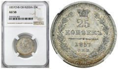 Russia 
RUSSIA / RUSSLAND / РОССИЯ

Rosja, Alexander II. 25 Kopek (kopeck) 1857 СПБ ФБ, Petersburg NGC AU58 

Pięknie zachowane.

Condition: NG...