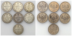 Russia 
RUSSIA / RUSSLAND / РОССИЯ

Rosja. Alexander II. 15 Kopek (kopeck) 1868-1878 СПБ-HI, group 7 pieces 

Patyna.

Details: 18,17 g Ag łącz...