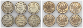 Russia 
RUSSIA / RUSSLAND / РОССИЯ

Rosja. Alexander II. 15 Kopek (kopeck) 1868-1877 СПБ-HI, group 6 pieces 

Patyna.

Details: 15,52 g Ag łącz...