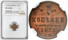 Russia 
RUSSIA / RUSSLAND / РОССИЯ

Rosja. Alexander II. 1/4 Kopek (kopeck) 1873 EM, Jekaterinburg NGC MS63 RB 

Pięknie zachowana moneta z dużą ...