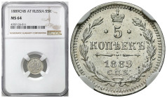 Russia 
RUSSIA / RUSSLAND / РОССИЯ

Rosja, Alexander III. 5 Kopek (kopeck) 1889 СПБ-АГ, Petersburg NGC MS64 

Idealnie zachowana moneta, rzadsza ...