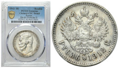 Russia 
RUSSIA / RUSSLAND / РОССИЯ

Rosja. Nicholas II. Rubel (Rouble) 1912 EB, Petersburg PCGS UNC 
AW: Głowa cara w lewo, legenda otokowa.
RW: ...