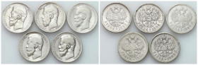 Russia 
RUSSIA / RUSSLAND / РОССИЯ

Rosja. Nicholas II. Rubel (Rouble) 1897-1900, Bruksela, Paryż, Petersburg, group 5 coins 

Obiegowe egzemplar...