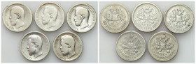 Russia 
RUSSIA / RUSSLAND / РОССИЯ

Rosja, Nicholas II. 50 Kopek (kopeck) 1895-1900, Petersburg, group 5 coins 

Czyszczone egzemplarze.&nbsp;
...