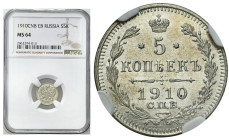 Russia 
RUSSIA / RUSSLAND / РОССИЯ

Rosja, Nicholas II. 5 Kopek (kopeck) 1910 СПБ-ЭБ, Petersburg NGC MS64 - BEAUTIFUL 

Idealnie zachowana moneta...