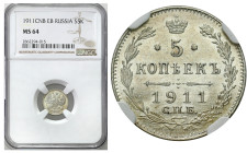 Russia 
RUSSIA / RUSSLAND / РОССИЯ

Rosja, Nicholas II. 5 Kopek (kopeck) 1911 СПБ-ЭБ, Petersburg NGC MS64 - BEAUTIFUL 

Idealnie zachowana moneta...