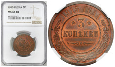 Russia 
RUSSIA / RUSSLAND / РОССИЯ

Rosja, Nicholas II. 3 Kopek (kopeck) 1915 NGC MS64 RB (MAX) 

Wyśmienicie zachowana moneta z blaskiem mennicz...