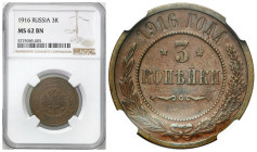 Russia 
RUSSIA / RUSSLAND / РОССИЯ

Nicholas II. 3 Kopek (kopeck) 1916 NGC MS62 BN 

Czekoladowa patyna, pięknie zachowane.&nbsp;

Condition: N...