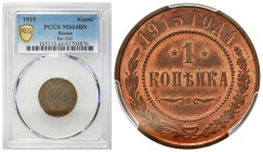 Russia 
RUSSIA / RUSSLAND / РОССИЯ

Rosja. Nicholas II. Kopiejka 1915 PCGS MS64 BN - BEAUTIFUL 

Piękny egzemplarz, intensywny połysk menniczy, c...