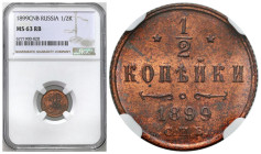 Russia 
RUSSIA / RUSSLAND / РОССИЯ

Rosja, Nicholas II. 1/2 Kopek (kopeck) 1899 СПБ, Petersburg NGC MS63 RB 

Dużo naturalnej czerwieni. Pięknie ...