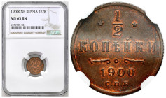 Russia 
RUSSIA / RUSSLAND / РОССИЯ

Rosja, Nicholas II. 1/2 Kopek (kopeck) 1900 СПБ, Petersburg NGC MS63 BN 

Pięknie zachowana sztuka.

Condit...