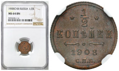 Russia 
RUSSIA / RUSSLAND / РОССИЯ

Rosja. Nicholas II. 1/2 Kopek (kopeck) 1908 СПБ, Petersburg NGC MS64 BN – BEAUTIFUL 

Mennicza sztuka z brązo...