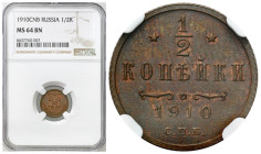 Russia 
RUSSIA / RUSSLAND / РОССИЯ

Rosja. Nicholas II. 1/2 Kopek (kopeck) 1910 СПБ, Petersburg NGC MS64 BN – WYŚMIENITE 

Druga najwyższa nota g...