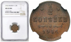 Russia 
RUSSIA / RUSSLAND / РОССИЯ

Rosja, Nicholas II. 1/2 Kopek (kopeck) 1916 NGC MS63 BN – RARITYE 

Rzadki, ostatni rocznik tego nominału za ...