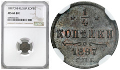 Russia 
RUSSIA / RUSSLAND / РОССИЯ

Rosja. Nicholas II. 1/4 Kopek (kopeck) 1897 СПБ, Petersburg NGC MS64 BN 

Mennicza sztuka z subtelną patyną.&...