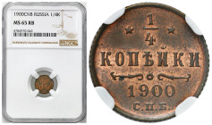 Russia 
RUSSIA / RUSSLAND / РОССИЯ

Rosja. Nicholas II. 1/4 Kopek (kopeck) 1900 СПБ, Petersburg NGC MS65 RB – BEAUTIFUL 

W zakamarkach reliefu d...