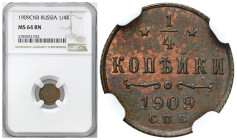 Russia 
RUSSIA / RUSSLAND / РОССИЯ

Rosja. Nicholas II. 1/4 Kopek (kopeck) 1909 СПБ, Petersburg NGC MS64 BN 

Menniczy egzemplarz. Brązowa patyna...