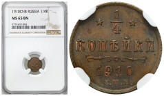 Russia 
RUSSIA / RUSSLAND / РОССИЯ

Rosja. Nicholas II. 1/4 Kopek (kopeck) 1910 СПБ, Petersburg NGC MS65 BN - BEAUTIFUL 

Wspaniały menniczy egze...