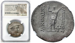 Ancient coins: Greece
Bactria. Antimach I Theos AR Tetradrachm 180-170 BC - NGC Ch XF 5/5 1/5 - RARE 
AW: Popiersie w diademie i udrapowane w prawo,...