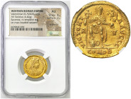 Byzantium
Byzantium. Valentinian III 425-455. Solidus, Ravenna NGC AU 4/5 2/5 
AW: Popiersie cesarza w diademie perełkowym, w prawo i napis: D N PLA...