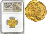Byzantium
Byzantium. Mauricius Tiberius (582-602). Solidus, Constantinople NGC AU 3/5 2/5 
AW: Popiersie cesarza w hełmie z na wprost i napis: D N M...