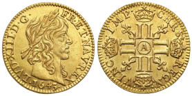 France
France. Louis XIII demi Louis d'or 1643 A, Paris 
AW: Po prawej głowa króla laureata, (data) poniżej. LVD. XIII D. G. FR. I. NAV. REX.
RW: K...