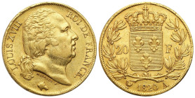 France
France. Louis XVIII (1814-1824). 20 francs 1820 A, Paris 

Lekko przetarty awers, rewers menniczej świeżości.

Details: 6,40 g Au .900 
C...